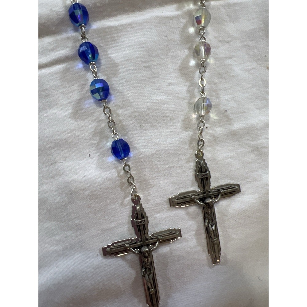 Set of 2 Catholic Rosaries Blue & Clear Glass Beads Silver Crucifix INRI Vintage - Picture 1 of 12